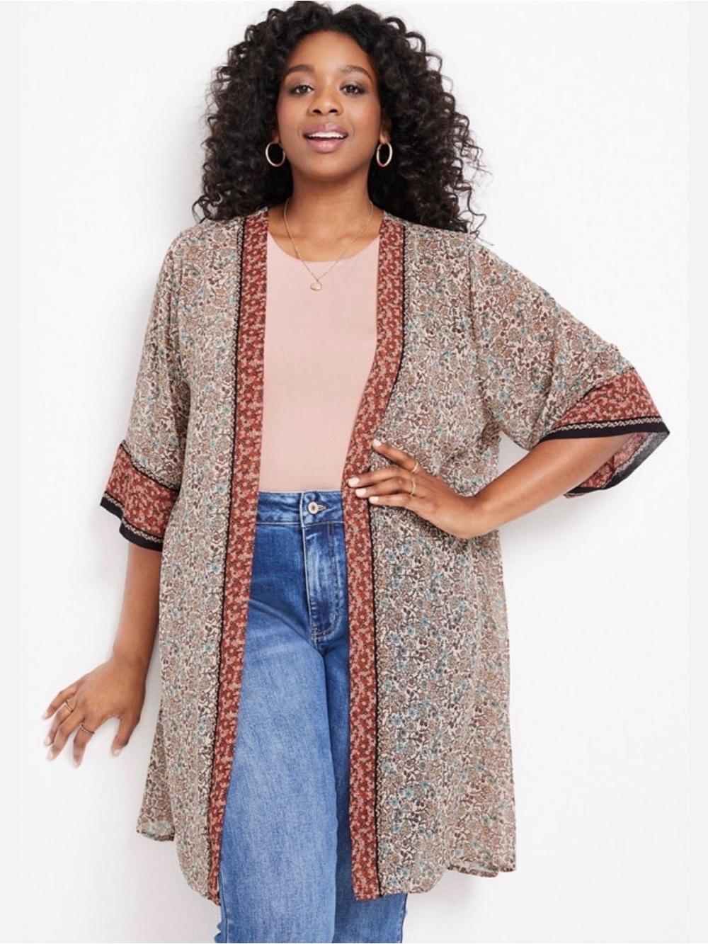 Maurices Kimono size 1X shirt top flower brown long sheer  plus open front tan